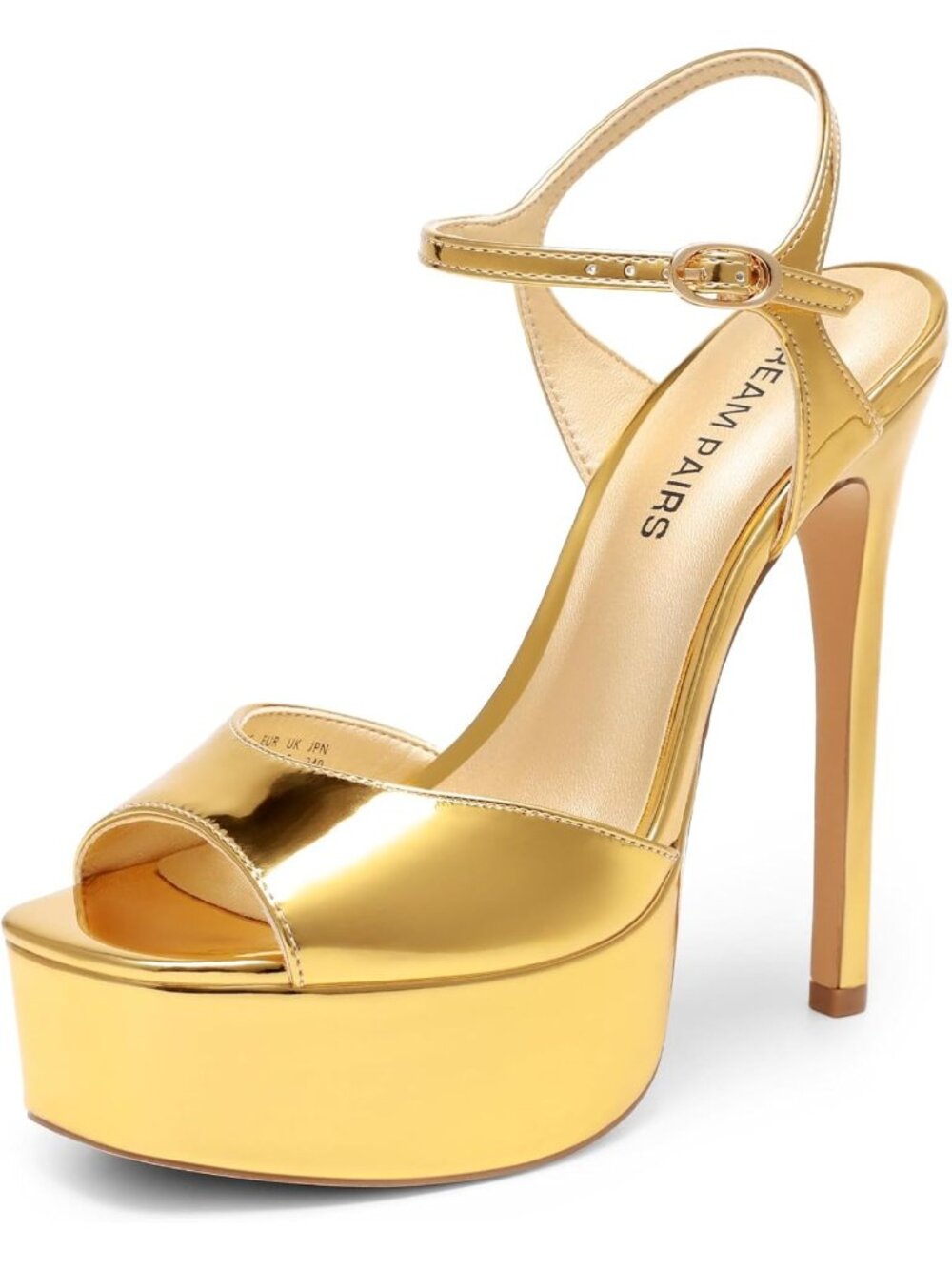 Women's Gold High Platform Heel 5.75 Open Square Toe Ankle Strap Heeled Sandals